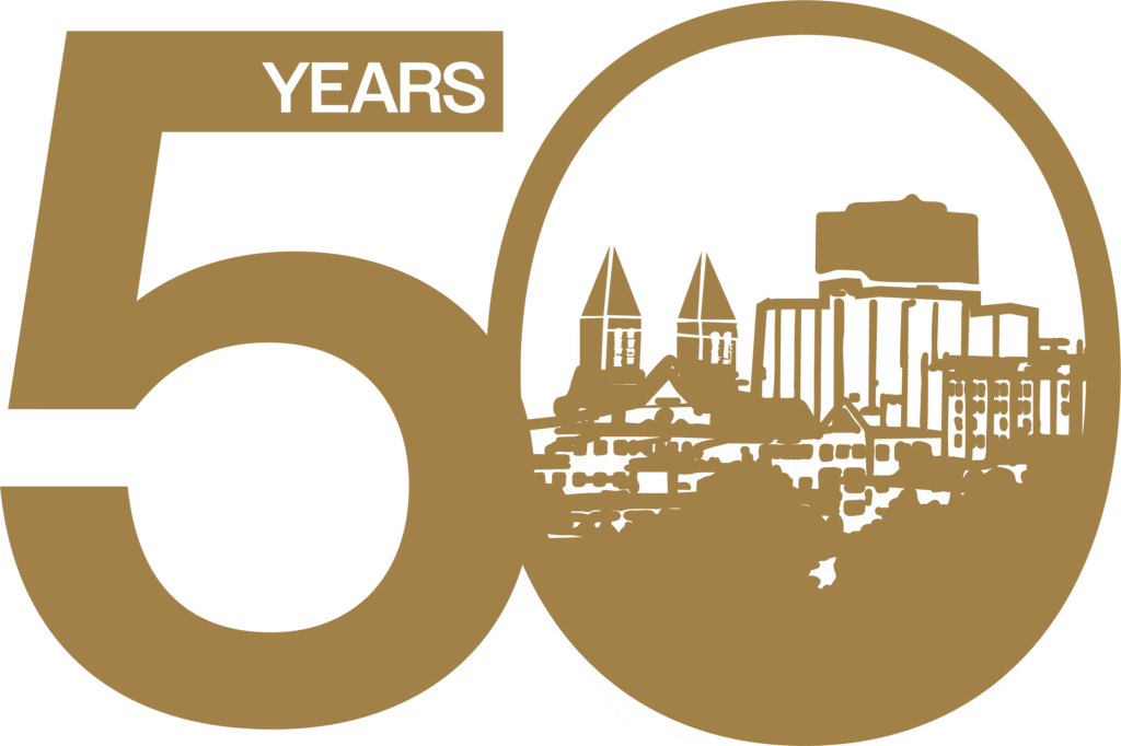 Global Ties Akron gold 50th anniversary logo portraying Akron's skyline celebrated at the Passport To Wine And Dine 2026.