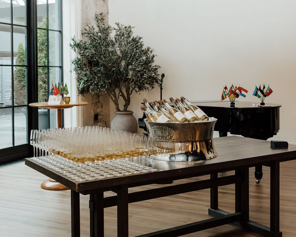 Champagne table set for guests at a Global Ties Akron networking event, reflecting the meaning of global ties and creating connection opportunities for business leaders.