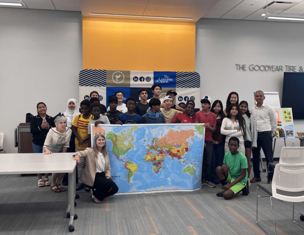 Akron students marking their family origins during Global Ties Akron’s global education workshop.